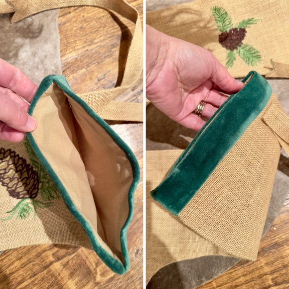 WISTERIA Jute & Green Velvet Embroidered Pinecone Christmas Stockings Set of 6 - Picture 9 of 17